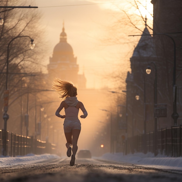 Menina correndo na estrada através da paisagem da cidade de inverno luz de inverno