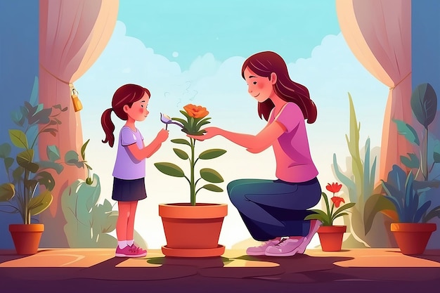 Menina cresce e rega uma planta em vaso com sua mãe desenho de ilustração