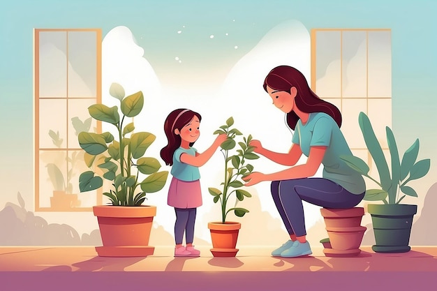 Menina cresce e rega uma planta em vaso com sua mãe desenho de ilustração