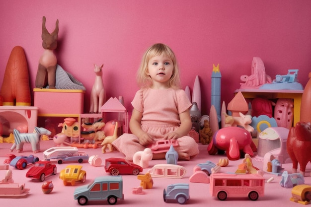 Menina criança brincando no estúdio rosa colorido