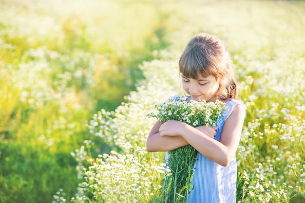 Menina criança em um campo de camomila