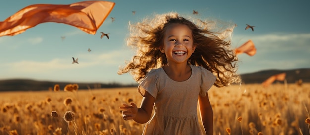 Foto menina criança feliz com uma cometa correndo no prado no verão