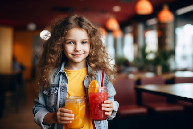 menina criança moderna feliz com um copo de suco fresco beber no fundo do restaurante e café da juventude
