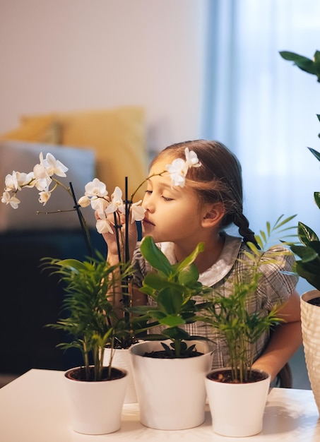 Menina cuidando de flores em vasos. As plantas da casa. Flores para casa. Menina regando flores no quarto