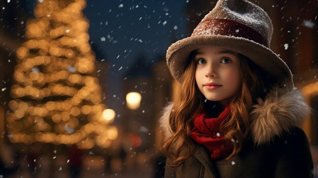 Menina curiosa com chapéu admirando árvore de Natal urbana