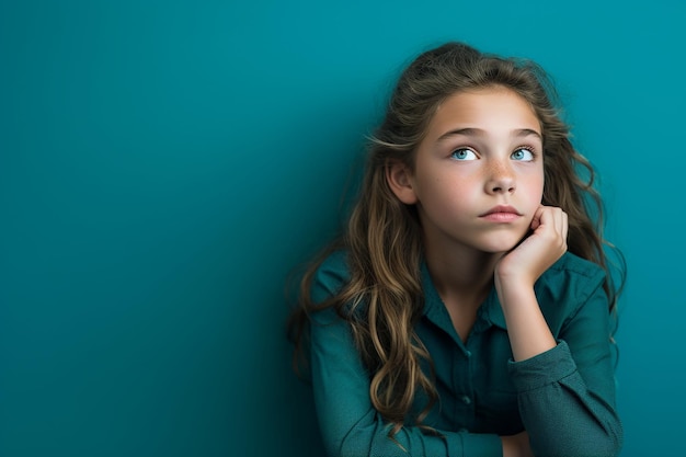 Menina curiosa com fundo azul