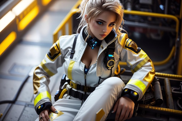 menina cyberpunk feminino mulher terno ouro branco futuro tecnologia