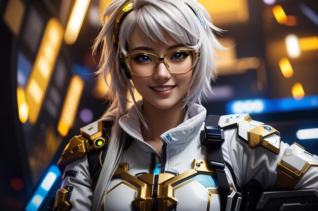 menina cyberpunk feminino mulher terno ouro branco futuro tecnologia