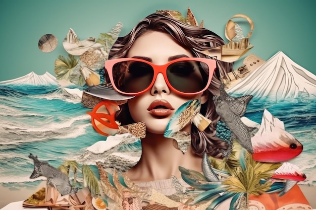 Menina da moda com óculos de sol na praia Retro Effect Generative AI