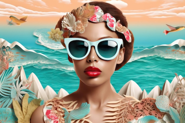 Menina da moda com óculos de sol na praia Retro Effect Generative AI