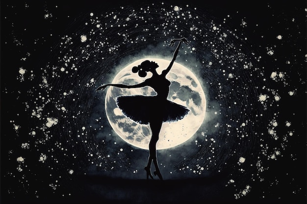 Menina dançando Uma bailarina dançando com vaga-lumes na colina contra o céu noturno arte digital estilo ilustração pintura