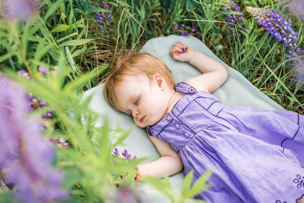 Menina de 1 ano de idade dormindo na natureza entre flores