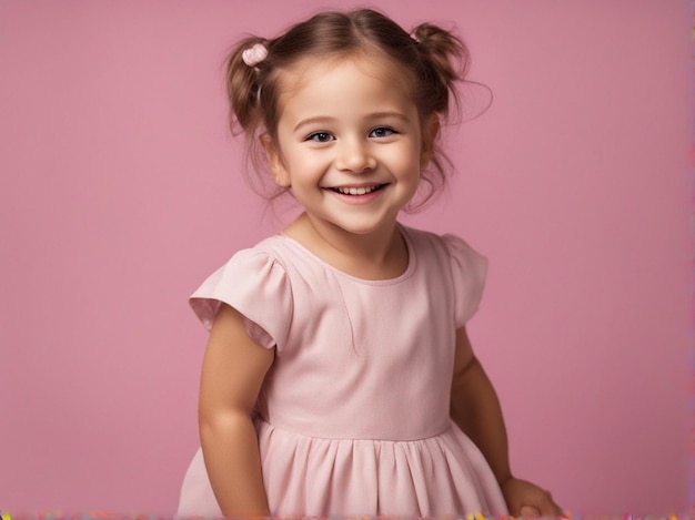 Menina de 4 anos em traje rosa claro contra um fundo pastel