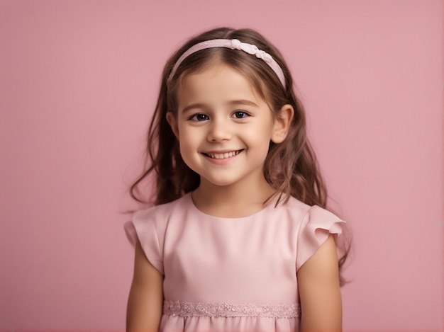 Menina de 4 anos em traje rosa claro contra um fundo pastel