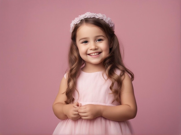 Menina de 4 anos em traje rosa claro contra um fundo pastel