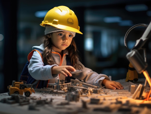 Menina de 6 anos, menino branco e fofo vestido de professor trabalhando em seu local de trabalho