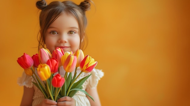 Menina de alegria colorida da primavera com um buquê de tulipas