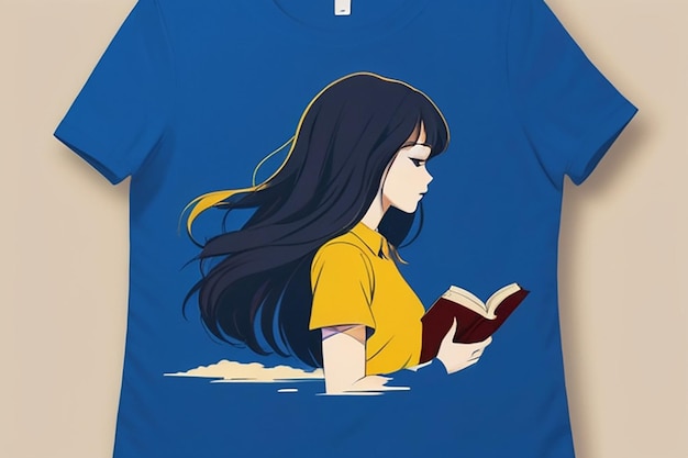 Menina de anime lendo um livro sentada em uma cadeira de livros