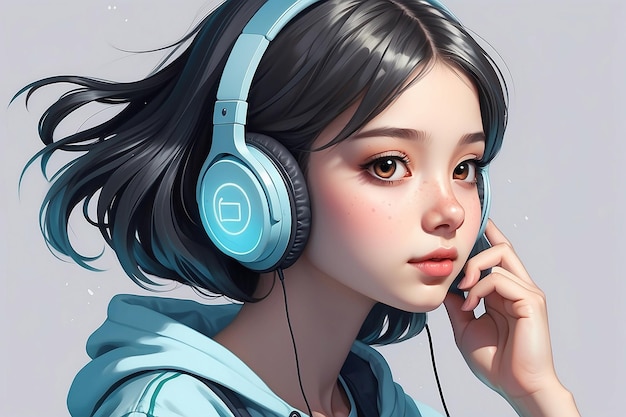 Menina de anime ouve música em fones de ouvido retrato de adolescente ilustração IA gerativa