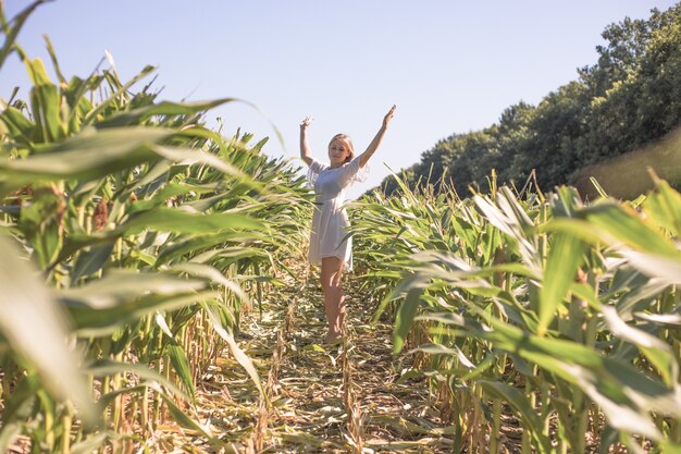 Menina de beleza no campo de milho de verão, céu azul claro. Mulher jovem e feliz saudável curtindo a natureza ao ar livre. Correndo e girando feminino. Vôo. Livre, conceito de liberdade, meio ambiente