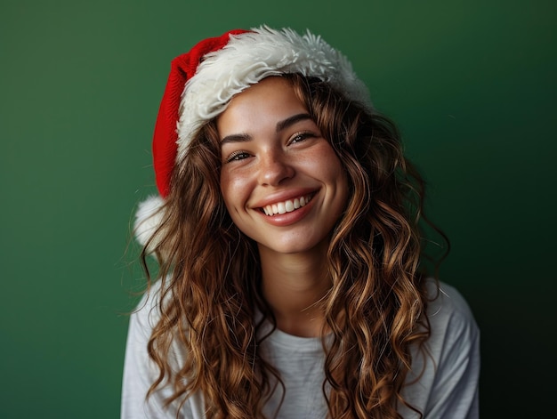 menina de beleza sorridente feliz com chapéu de Papai Noel em fundo de Natal