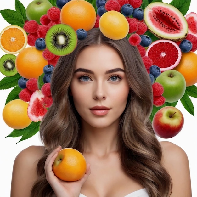 Menina de cabelo longo colagem com frutas