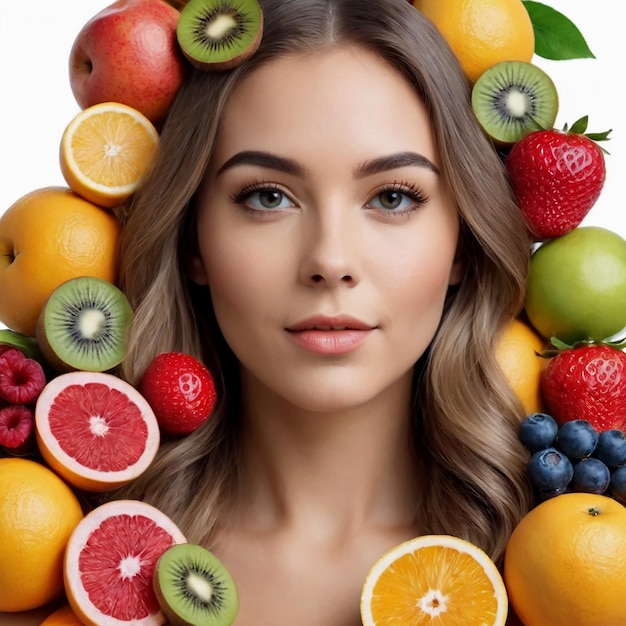 Menina de cabelo longo colagem com frutas