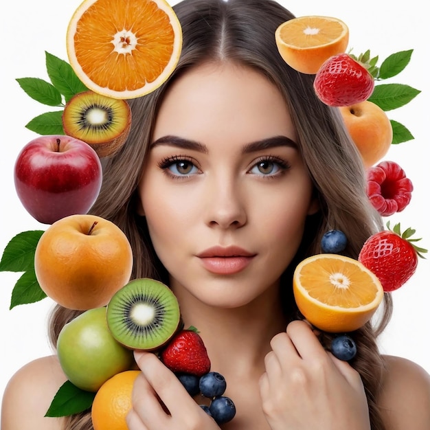 Menina de cabelo longo colagem com frutas