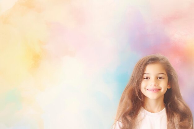 Menina de cabelo longo de pé em frente a um fundo colorido