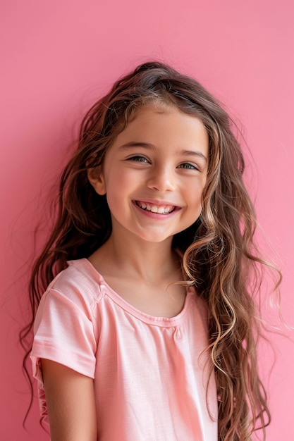 Foto menina de cabelo longo em frente à parede rosa