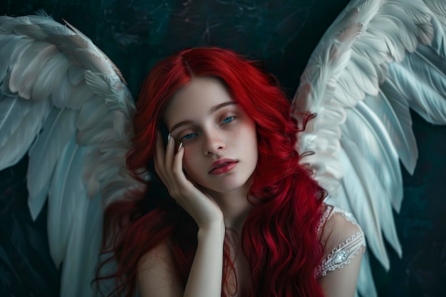 Menina de cabelo vermelho e asas de anjo