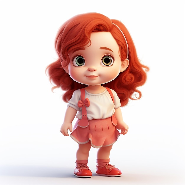 menina de cabelo vermelho estilo de desenho animado de pé fundo branco