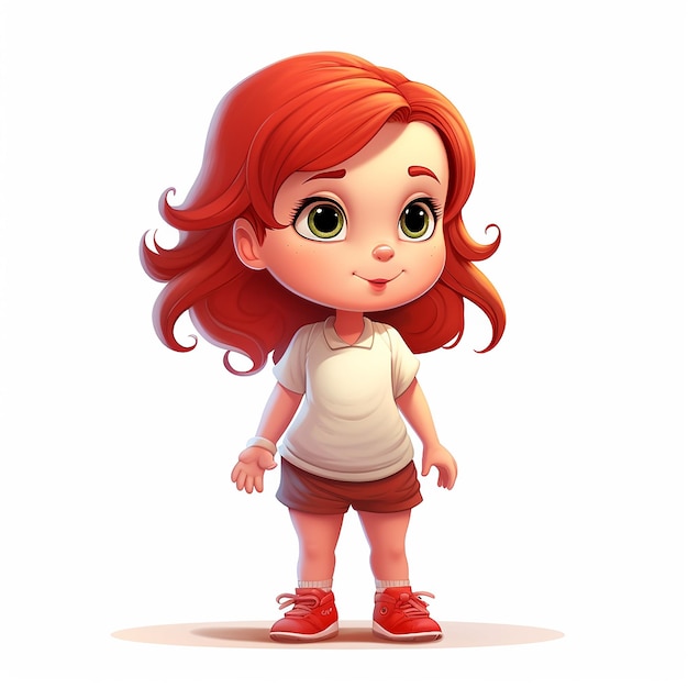menina de cabelo vermelho estilo de desenho animado de pé fundo branco