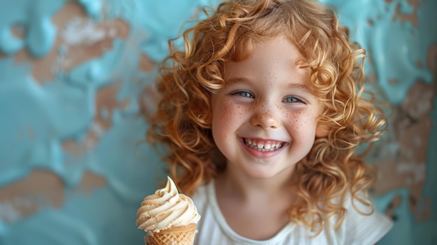Menina de cabelo vermelho rizado comendo cones de sorvete