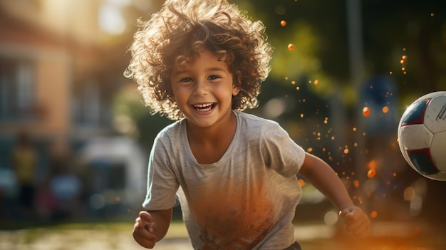 Foto menina de cabelos encaracolados brincando com uma bola