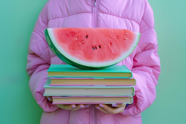 Menina de casaco rosa segurando um livro e uma fatia de melancia Conceito de novidades de livros