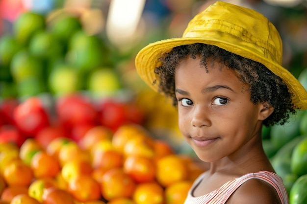 Menina de chapéu amarelo na barraca de frutas