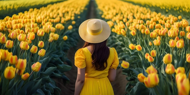 menina de chapéu de palha está de costas em um campo de flores