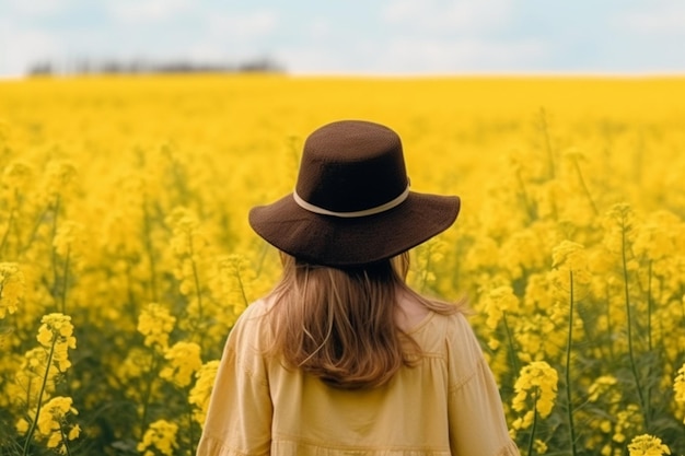 menina de chapéu em um campo de flores amarelas vista traseira