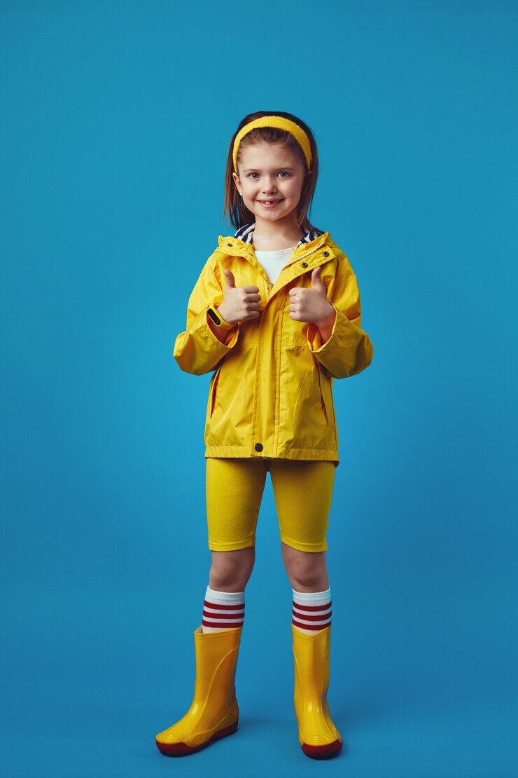 Foto menina de corpo inteiro com capa de chuva amarela e botas sorrindo e mostrando os polegares para cima