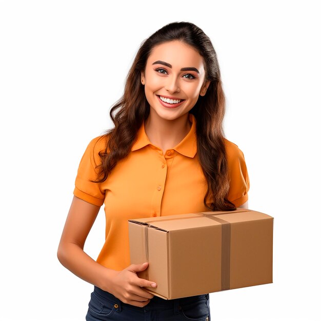 Foto menina de correio bonita com uma caixa em suas mãos símbolo de entrega serviço de correio entrega em casa