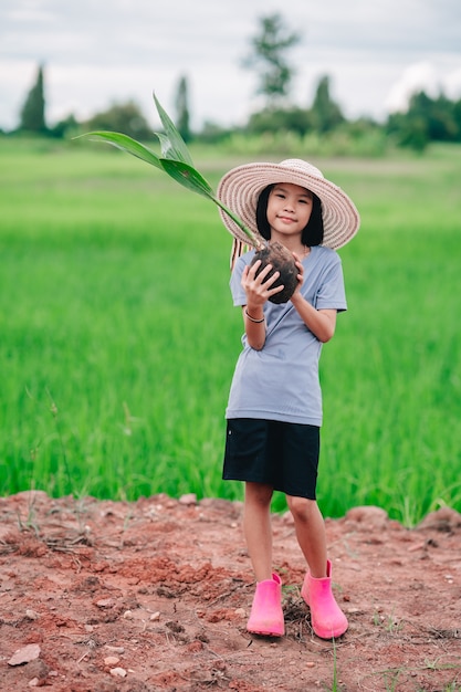 Menina de crianças segurando a semeadura de laranjeira para plantar a árvore em uma fazenda de horta orgânica