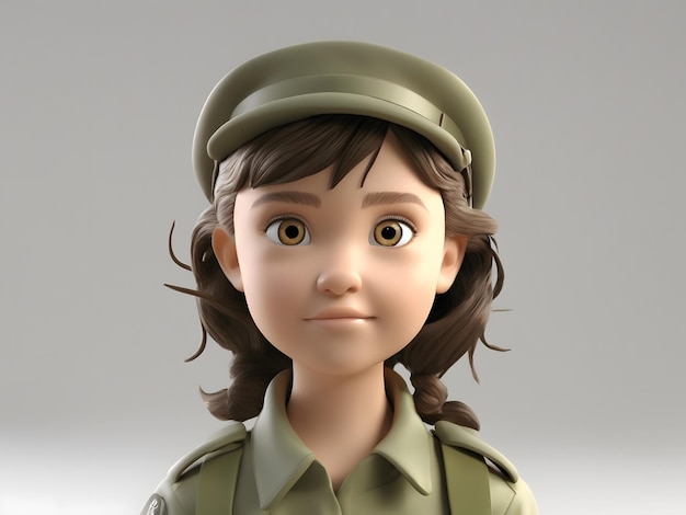 Menina de desenho animado 3D em uniforme do exército com um fundo branco de espaço em branco