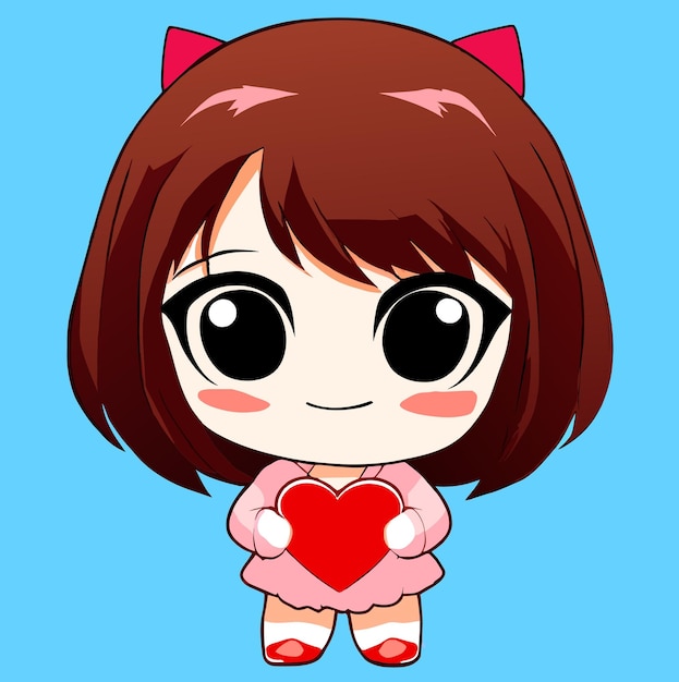 Foto menina de desenho animado bonita com adesivo de coração em ilustração de estilo kawaii chibi