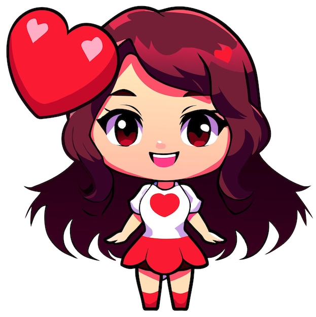 Foto menina de desenho animado bonita com adesivo de coração em ilustração de estilo kawaii chibi