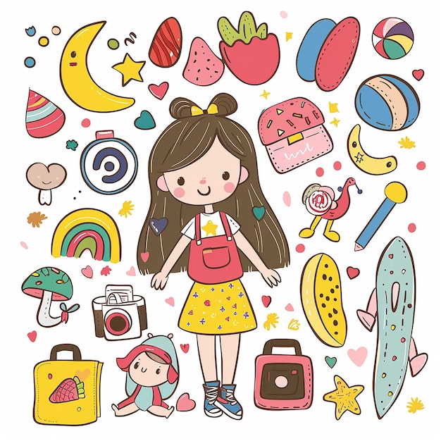 Foto menina de desenho animado bonita com cartão de adesivo de item cotidiano