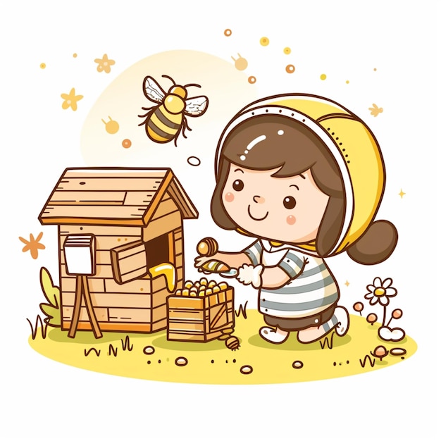 menina de desenho animado com colmeia e colmeia no jardim generativo ai