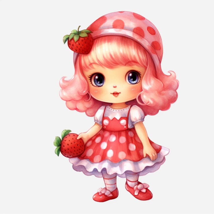 Foto menina de desenho animado com morango em vestido rosa e chapéu de bolinhas generativo ai
