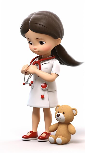 Foto menina de desenho animado em 3d brincando de médica com o peluche