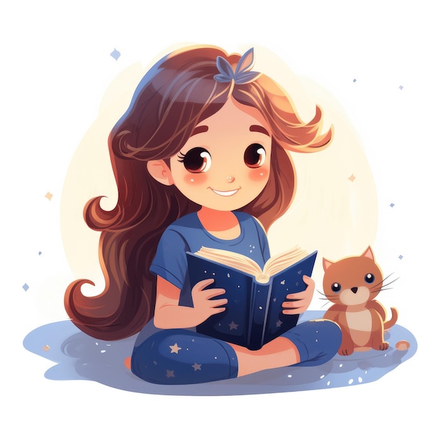 Foto menina de desenho animado lendo um livro gerado por ia imagem